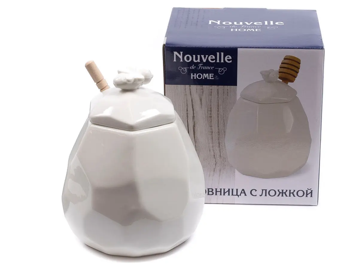 БАНКА ДЛЯ МЕДА фарфоровая 450 мл с крышкой и бамбуковой ложкой (арт. 2632024, код 074270)