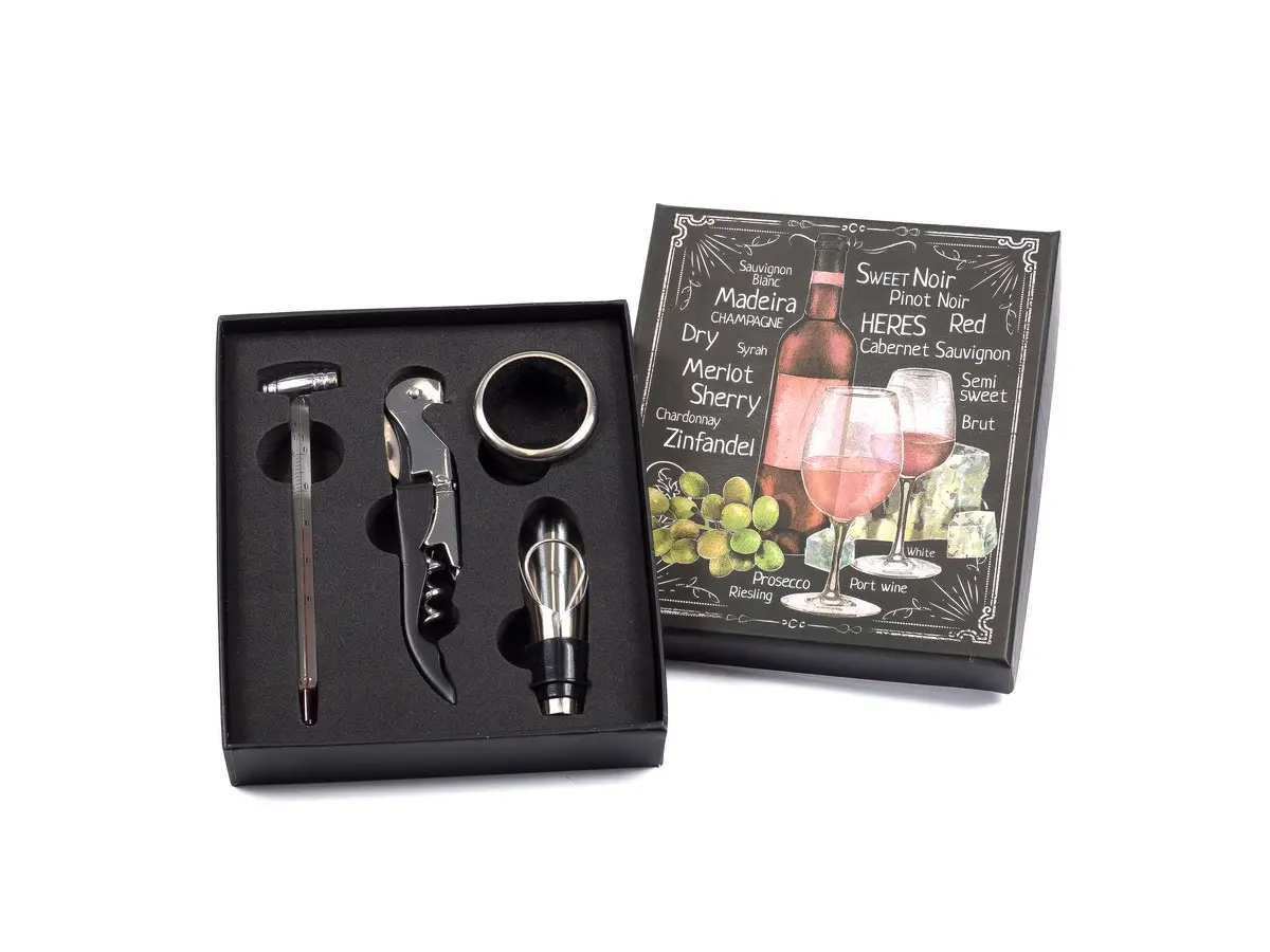 НАБОР ПОДАРОЧНЫЙ металлический "Merlot" 4 пр.: штопор, дозатор, кольцо для бутылки, виномер (арт. 27296894, код 213528)