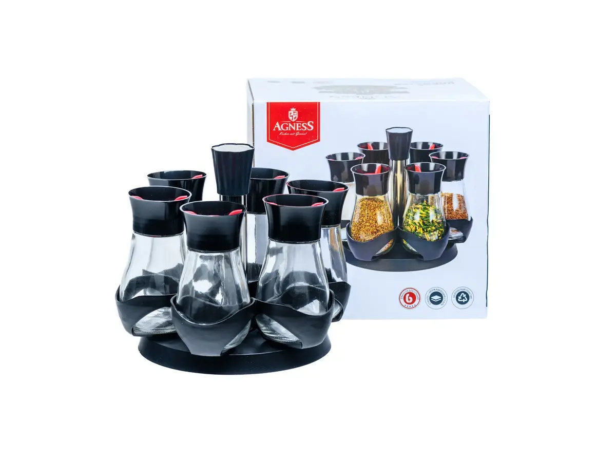 НАБОР БАНОК ДЛЯ СПЕЦИЙ стеклянных 6 шт. 120 мл на пластмассовой подставке (арт. 49378, код 270750)