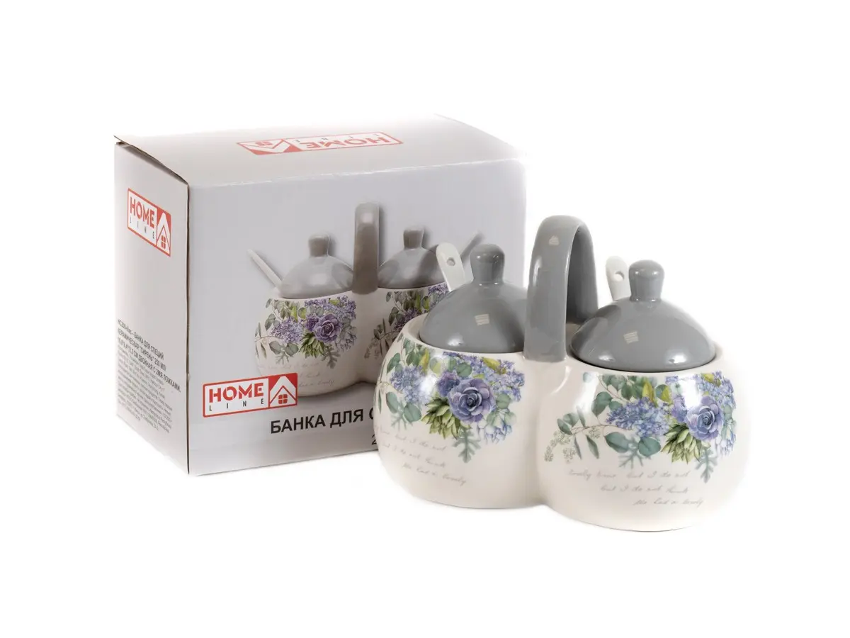 БАНКА ДЛЯ СПЕЦИЙ керамическая "Сирень" 250 мл/16,6*9,4*12,5 см двойная с 2мя ложками (арт. HC209-lilac, код 257614)