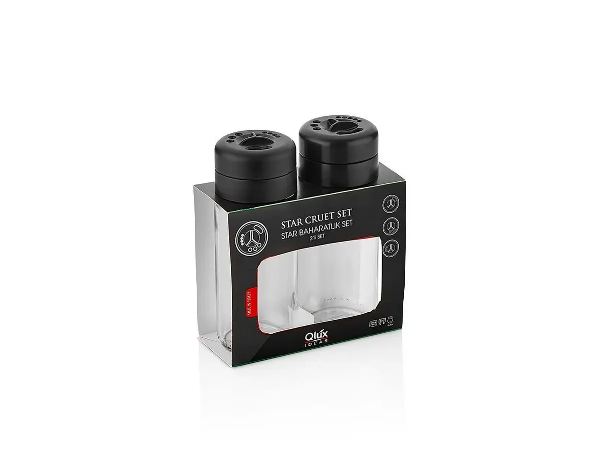 НАБОР ДЛЯ СПЕЦИЙ стеклянный "Star" 2 пр. 245 мл/15 см с пластмассовыми крышками: солонка, перечница (арт. C-00411, код 044111)