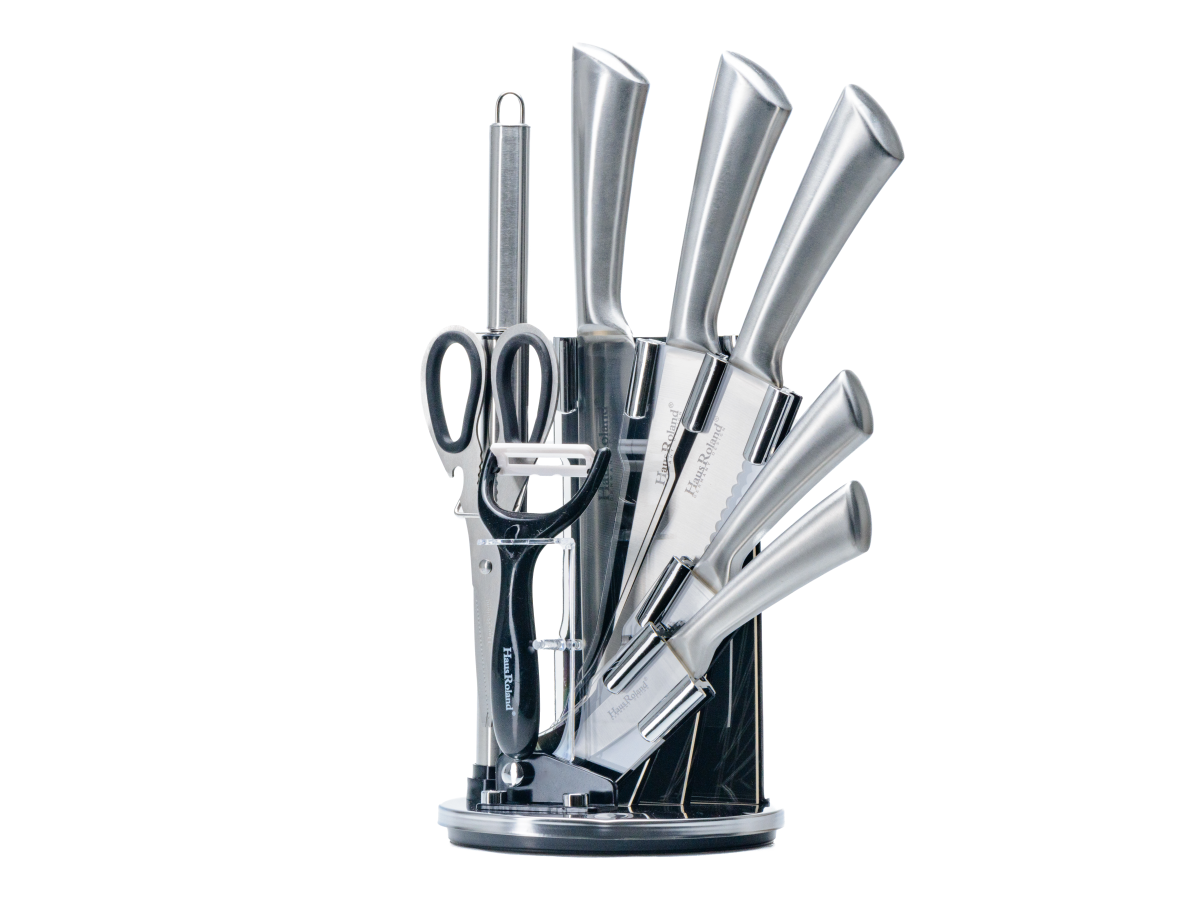 НАБОР НОЖЕЙ металлических 8 пр. в подставке: 5 ножей, ножницы, скребок, точилка (арт. HR615-11, код 118574)