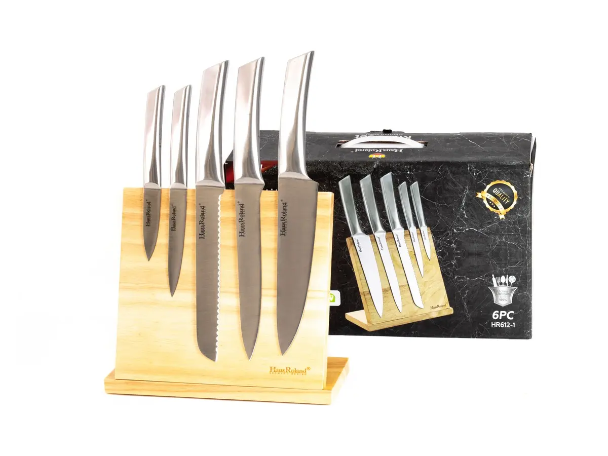 НАБОР НОЖЕЙ металлических 5 шт. на деревянной подставке (арт. XJ-06B044A-6PC/HR612-1, код 117577)