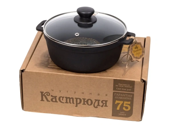 КАСТРЮЛЯ чугунная литая со стеклянной крышкой 2 л (арт. Т200-90-04к, код 507368)