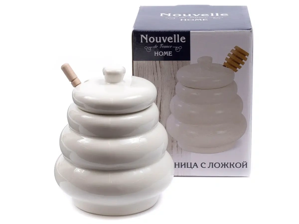 БАНКА ДЛЯ МЕДА фарфоровая 375 мл/12,5 см с крышкой и бамбуковой ложкой (арт. 2632019, код 074225)