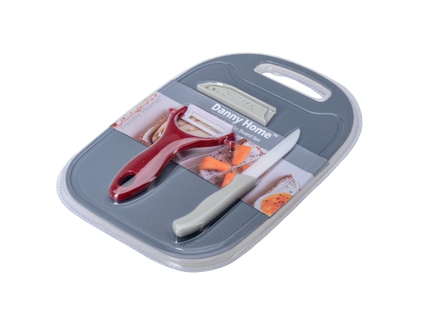 НАБОР КУХОННЫЙ керамика/пластмасса 4 пр.: скребок, нож, чехол, доска разделочная пластмассовая (арт. DH3012-GREY/STONE WHITE/RED, код 766388)