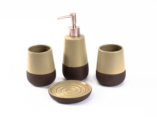 НАБОР ДЛЯ ВАННОЙ керамический 4 пр.: дозатор для жидкого мыла 7*18 см, подставка для зубных щеток 7*9,5 см, стакан 7*9,5 см, подставка для мыла 11 см