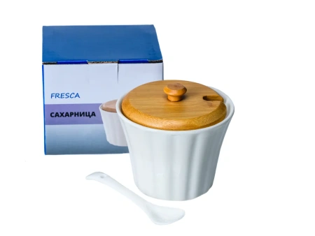 САХАРНИЦА фарфор/бамбук с ложкой 250 мл/10*10*9,5 см (арт. PJ01545-A, код 273737)