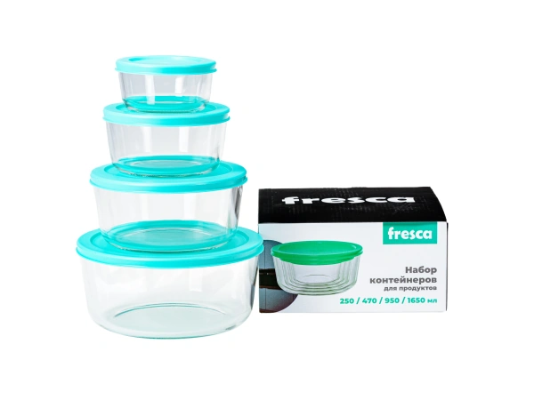 НАБОР КОНТЕЙНЕРОВ ДЛЯ ПРОДУКТОВ стеклянных 4 шт. 250/470/950/1650 мл с пластмассовыми крышками (арт. LHB-VR, код 286195)