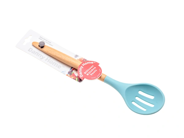ЛОЖКА КУХОННАЯ силиконовая с деревянной ручкой с прорезями 35 см (арт. DH0742-BLUE, код 282333)