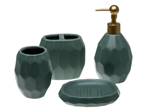 НАБОР ДЛЯ ВАННОЙ керамический "Олимп" 4 пр.: дозатор для мыла 8,5*19 см, мыльница 14*11 см, подставка для зубных щеток 10,5*11,2*7 см, стакан 10,9*9 с