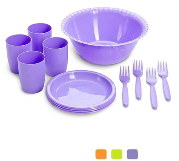 НАБОР ПОСУДЫ пластмассовой для пикника "Витто" 13 пр.: салатник 26 см, 4 тарелки 18 см, 4 стакана 280 мл, 4 вилки 16,7 см (арт. С67, код 786351)