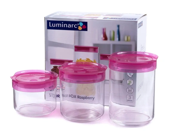 НАБОР БАНОК ДЛЯ СЫПУЧИХ ПРОДУКТОВ стеклянных "Storing Box pink" 3 шт. 500/700/1000 мл с пластмассовыми крышками (арт. SD326, код 185948)