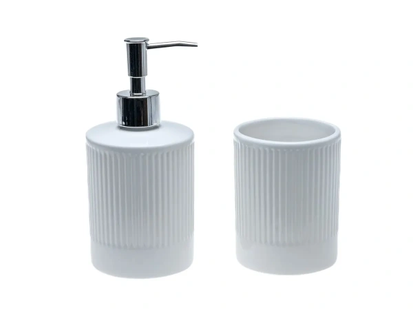 НАБОР ДЛЯ ВАННОЙ керамический "Лина" белый 2 пр.: дозатор для мыла 350 мл/7,9*17,1 см, стакан 7,8*10 см (арт. 28343435, код 270309)