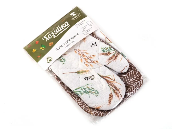 НАБОР КУХОННЫЙ текстильный декоративный "Радушная хозяйка. Колоски" 3 пр.: полотенце, рукавица-прихват, прихват (арт. 2211Колоски)