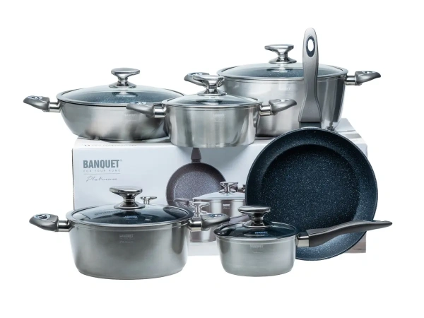 НАБОР ПОСУДЫ металлической с антипригарным покрытием "Metallic Platinum" 11 пр.: 3 кастрюли с крышками, жаровня с крышкой, сотейник с крышкой, сковоро