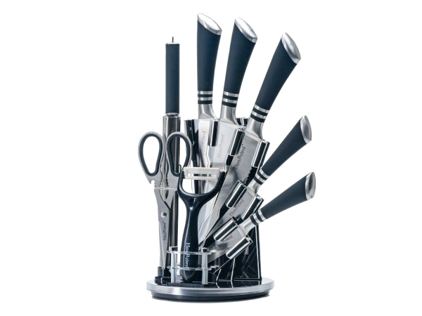 НАБОР НОЖЕЙ металлических 8 пр. в подставке: 5 ножей, ножницы, скребок, точилка (арт. HR615-2, код 110028)