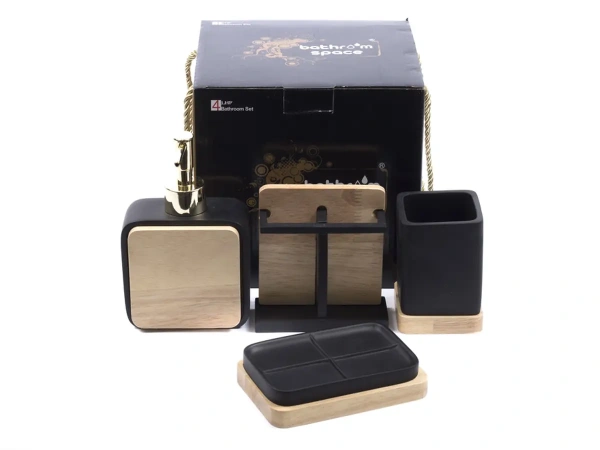НАБОР ДЛЯ ВАННОЙ полирезин/дерево 4 пр.: дозатор для жидкого мыла, подставка для зубных щеток, стакан, подставка для мыла (арт. 25736921, код 182374)