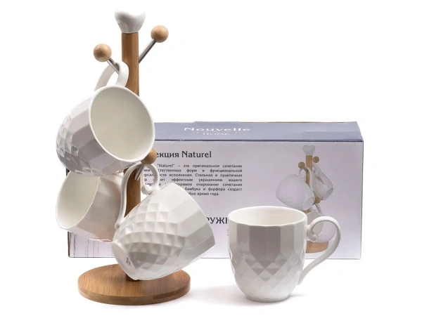 НАБОР КРУЖЕК фарфоровых 4 шт. 340 мл на бамбуковой подставке (арт. 2630274, код 075864)