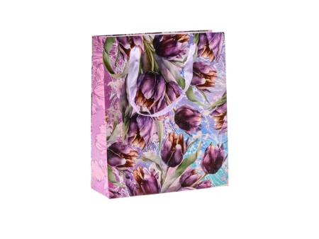 ПАКЕТ ДЛЯ ПОДАРКА бумажный ламинированный "Романтичные тюльпаны" 21*25*8 см (арт. 9916289, код 162891)