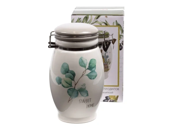 БАНКА ДЛЯ СЫПУЧИХ ПРОДУКТОВ керамическая "Цветущий эвкалипт" с клипсой 11,5*11,5*19,9 см/1,1 л (арт. HC5006A-G12, код 218264)