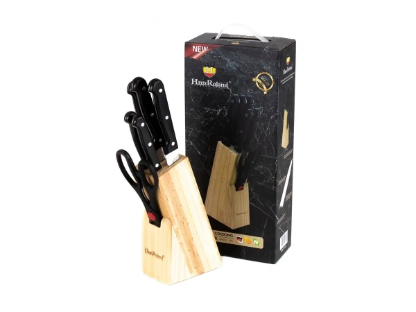 НАБОР НОЖЕЙ металлических 7 пр. в деревянной подставке: 5 ножей, ножницы  (арт. XJ-06A055A-7PC/HR609-1, код 117553)