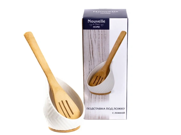 ПОДСТАВКА ДЛЯ ЛОЖКИ фарфоровая 10,5*9,5*10,5 см с ложкой бамбуковой 25 см (арт. 2632036, код 670553)