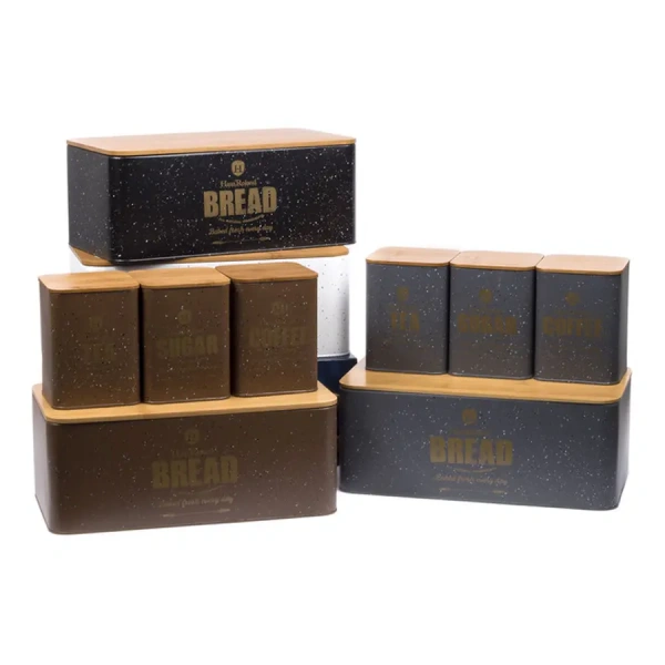 НАБОР БАНОК ДЛЯ СЫПУЧИХ ПРОДУКТОВ металлических 3 шт. 10*10*13,5 см + хлебница 33*18*13 см (арт. GS-03055-4PC (A-404), код 212422)